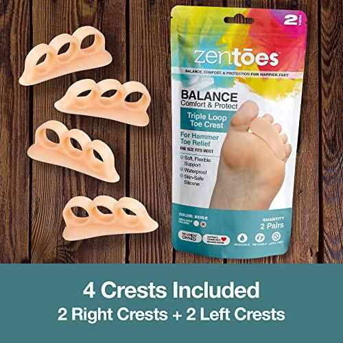 ZenToes Hammer Toe Corrector for Women & Men | Triple Loop Gel Toe Spacers & Separators | Realign Bent, Crooked, Curled, Claw, Hammertoes | Soft Support for Straightening | 4 Pack, Beige