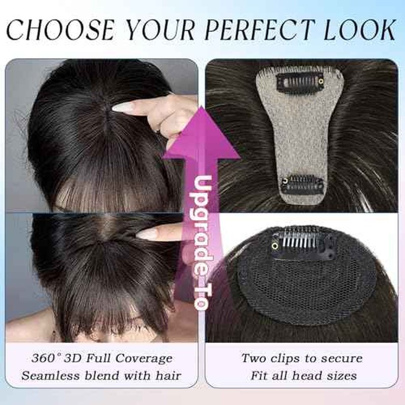 Hair Toppers for Women Real Human Hair, 360¡Æ Cover Clip in Bangs Medium Brown Wispy Bangs HairPieces for Women Daily (Medium Brown, 3D Bangs)