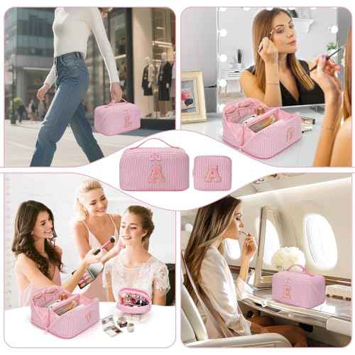 Travel Makeup Bag for Women, 2Pcs Portable Personalized Initial Makeup Organizer Bag, Open Flat Large Cosmetic Bag With Travel Essential Pouch (Pink Letter L)