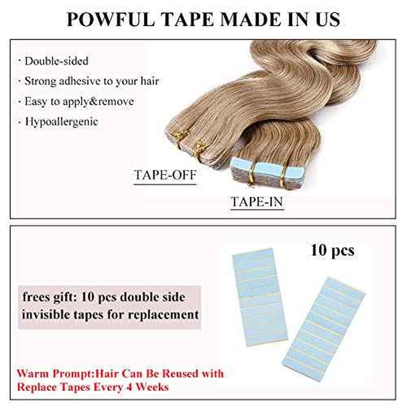 Tape in Hair Extensions 100% Remy Human Hair Tape on 12''-24'' Double Side Tape Seamless Skin Weft Long Straight 40pcs Wavy for Fashion #27 Dark Blonde 24 Inch 100 Gram