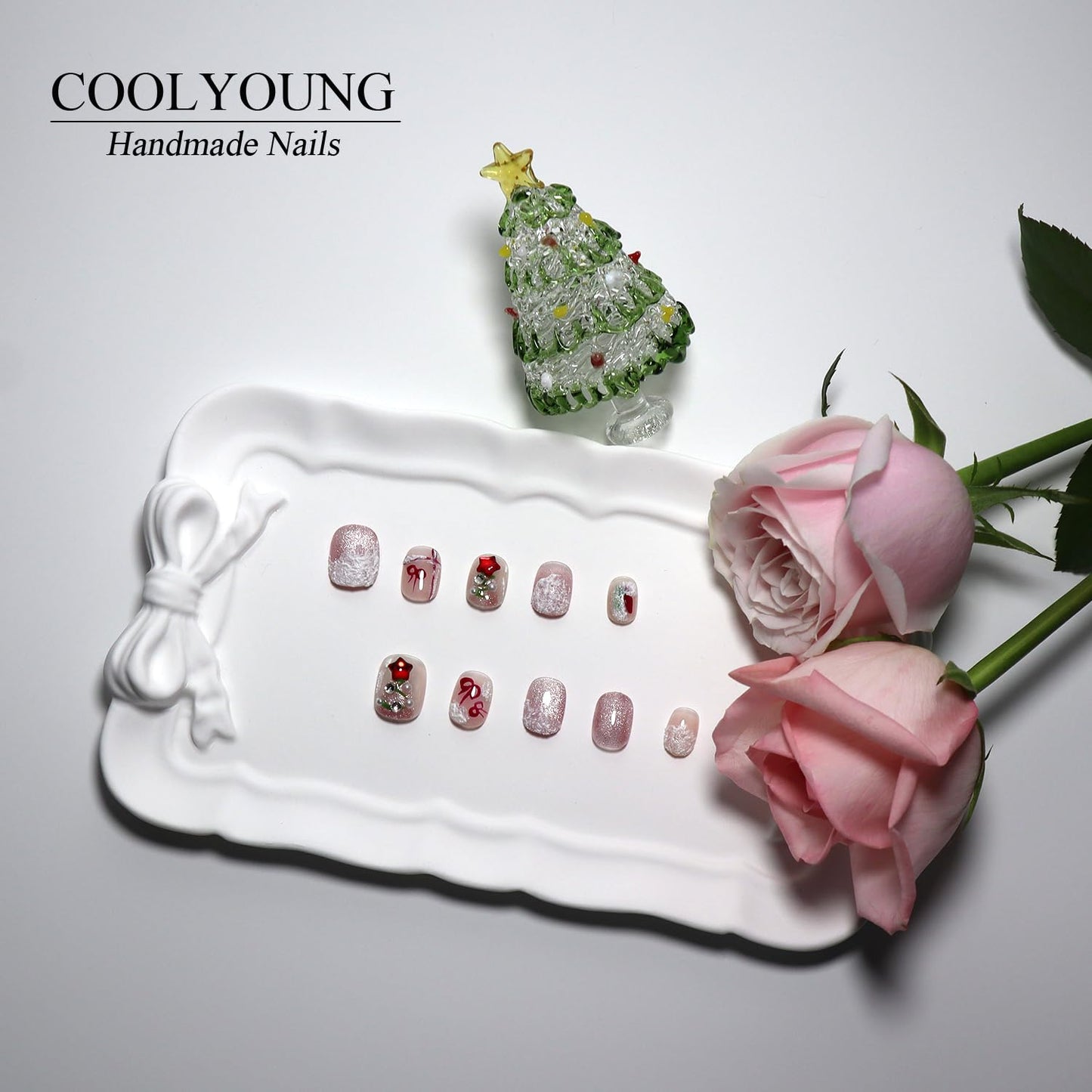 French Tip Cat Eye Press On Nails - 'Lonely Warrior' Black Square Nail Tips Set with Gift Box & Storage Bag