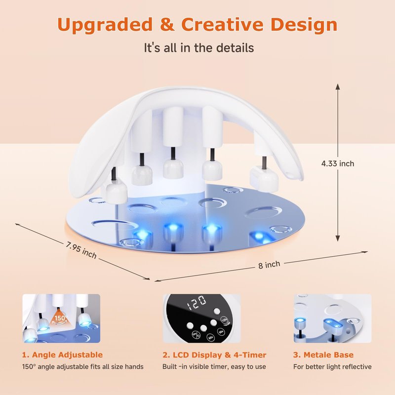 UV LED Nail Lamp, 49W Powerful UV Nail Light with 10Pcs Beads & 4 Timer Setting for All Gel Nails, with 5 Lampshade Encircle Every Fingers for Fast Curing, 150ยฐAngle Adjustable Gel Nail Lamp for Home