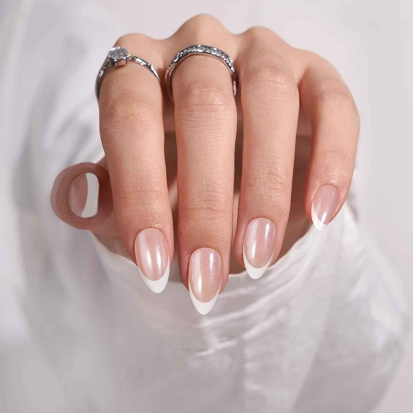French Tip Almond Press On Nails - Short, Natural Fit, Classic & Dazzling Pink