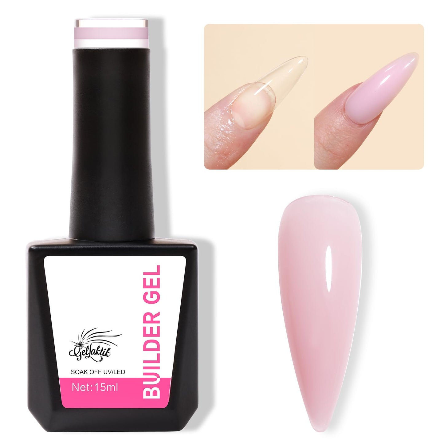 GELLAKTIK Builder Gel for Nails, 15ml 7 in 1 Builder Gel Nail Polish, LED Lamp Cured for Clear Rubber Base & Strengthener Extensions, Thickening, Repair, Salon-Quality DIY Manicure (Pink)