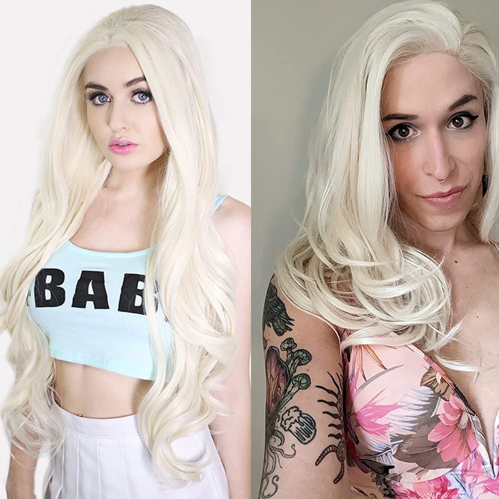 Xiweiya wigs Long Platinum Blonde Natural Wavy Wig 60# White Color Cosplay Hair Synthetic Lace Front Wig White Color wig with Heat Resistant Fiber for Women, Drag Queen Family Makeup Party 24 Inch