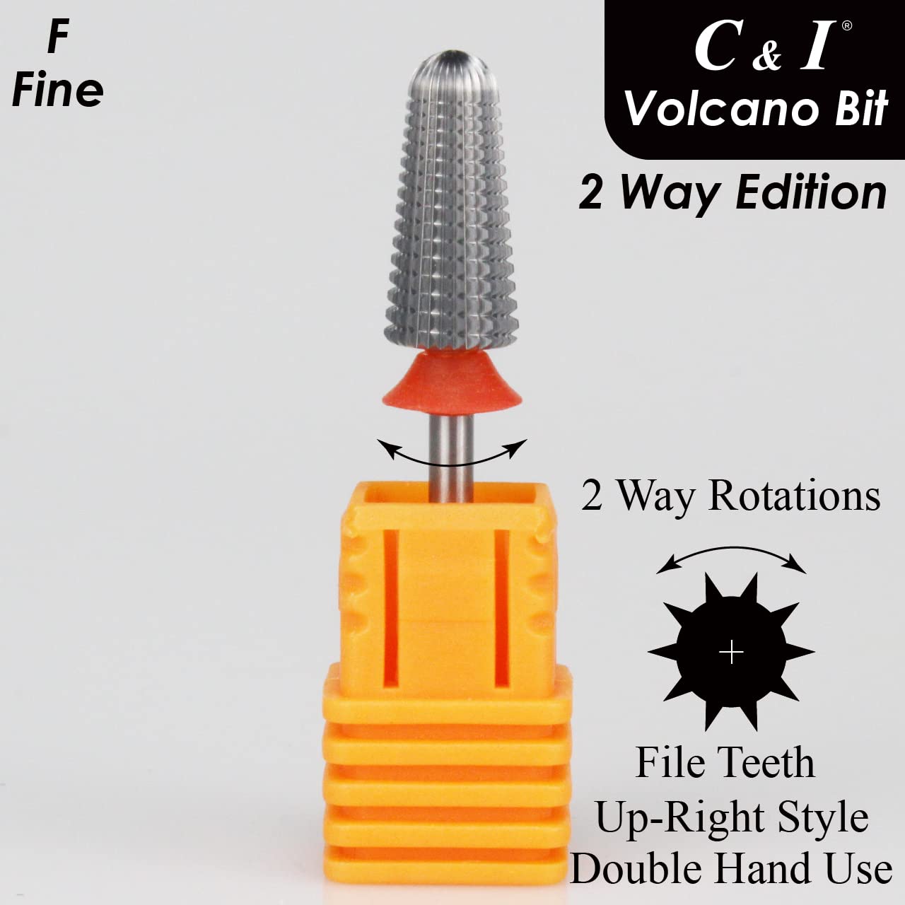 C & I Nail Drill, Volcano Bit, 2 Way Edition Efile for Nail Techs to Remove Nail Gels Acrylic Nails and Dipping, Double Hand Use Drill Bit for Electric Manicure Drill Machine (Fine -F)