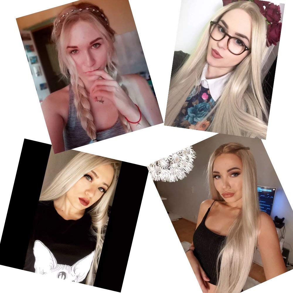 xiweiya Natural Straight Hair Light Blonde Ombre Brown Color Side Part Synthetic Lace Front Wigs For Women Heat Resistant Fiber Replacement Wig Cosplay Hair