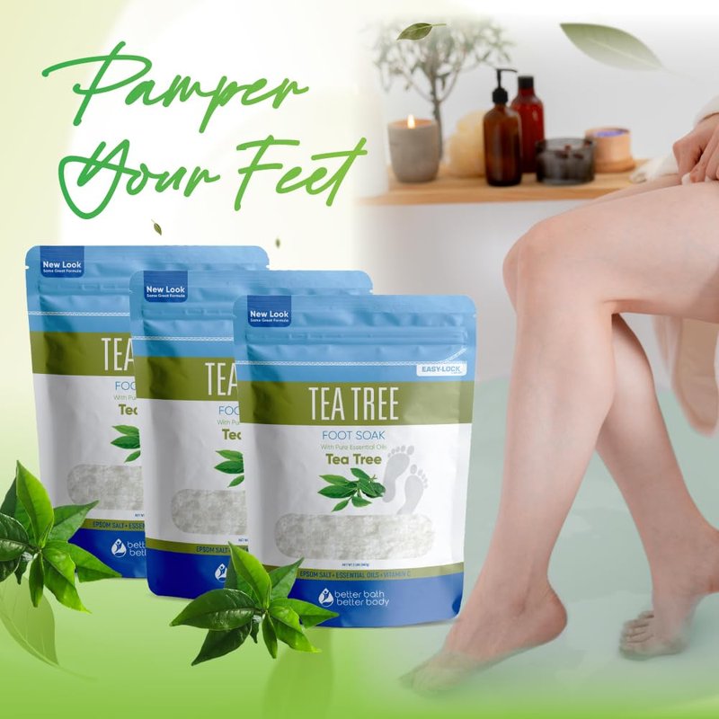 Tea Tree Foot Soak (3-Pack) Epsom Salt with Natural Tea Tree, Lavender and Eucalyptus Essential Oils Plus Vitamin C in BPA Free Pouch 6-Lbs Total