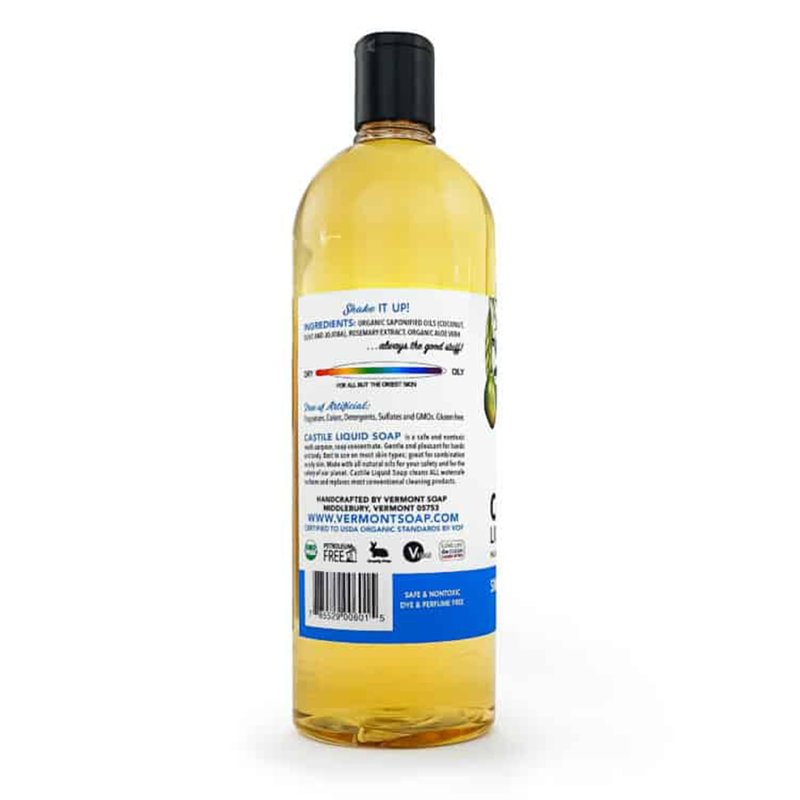 Vermont Castile Unscented Gentle Liquid Soap for Sensitive Skin, Natural Body Wash, Organic Hair Shampoo for Oily Hair, Aloe for Men & Women - 33.8 Oz