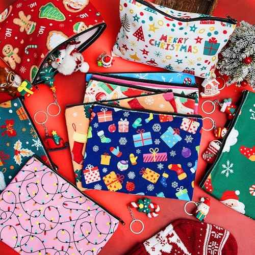Kacctyen 24 Pcs Christmas Cosmetic Bags and Keychains for Women Makeup Bags with Zipper Santa Snowman Bells Candy Cane Keychain Toiletry Organizer for Christmas Party Favor Xmas Gifts
