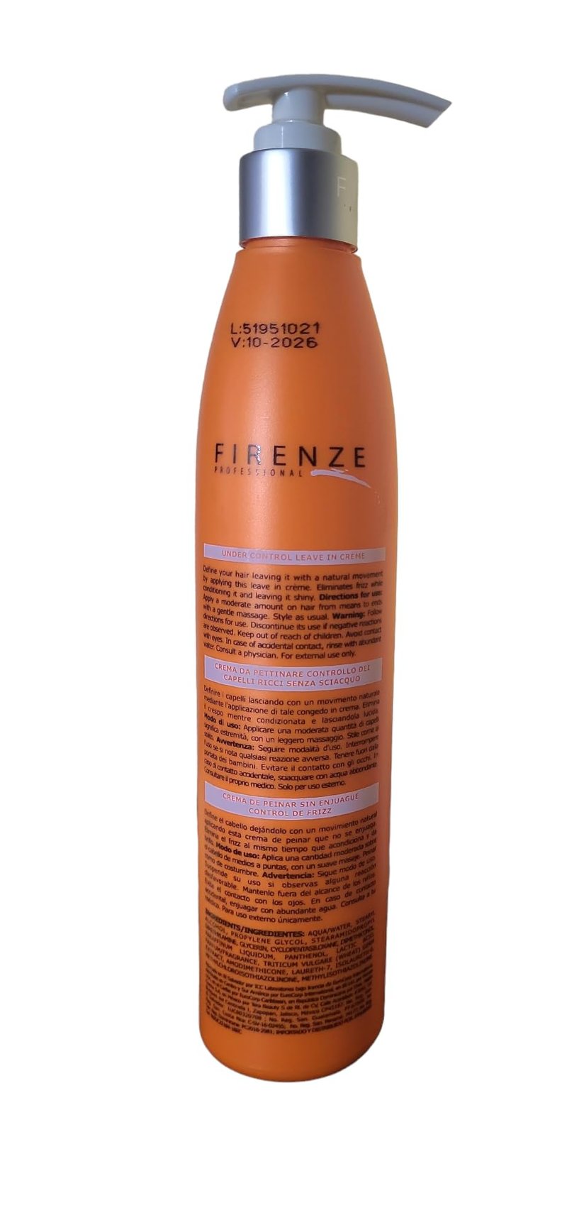 Firenze Professional Under Control Leave-In Conditioner 300ml (10.1 fl oz) – Anti-Frizz Hydrating Hair Treatment for Smooth, Manageable Hair