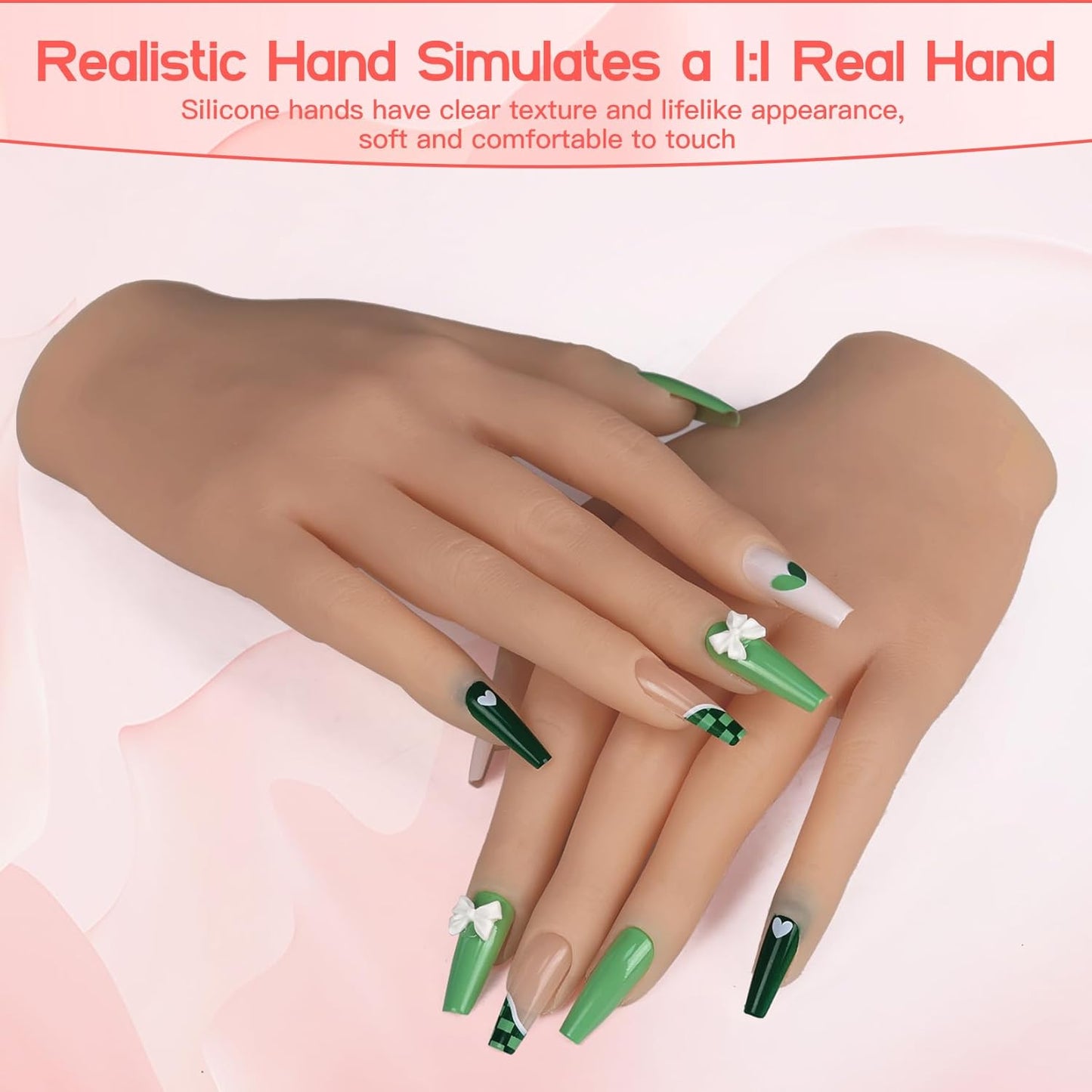 Flexible Silicone Practice Hand for Acrylic Nails with 528 Nail Tips & Stand