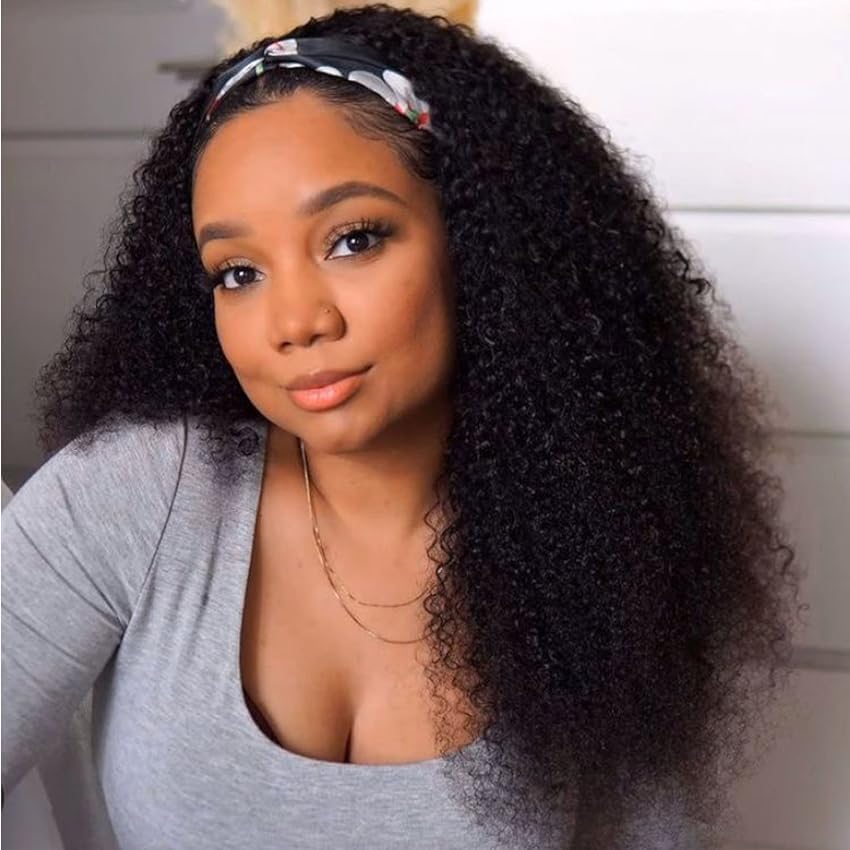 Headband Wig - Human Hair Kinky Curly 12 Inch | Glueless Brazilian Wig for Black Women, 150% Density, Natural Color