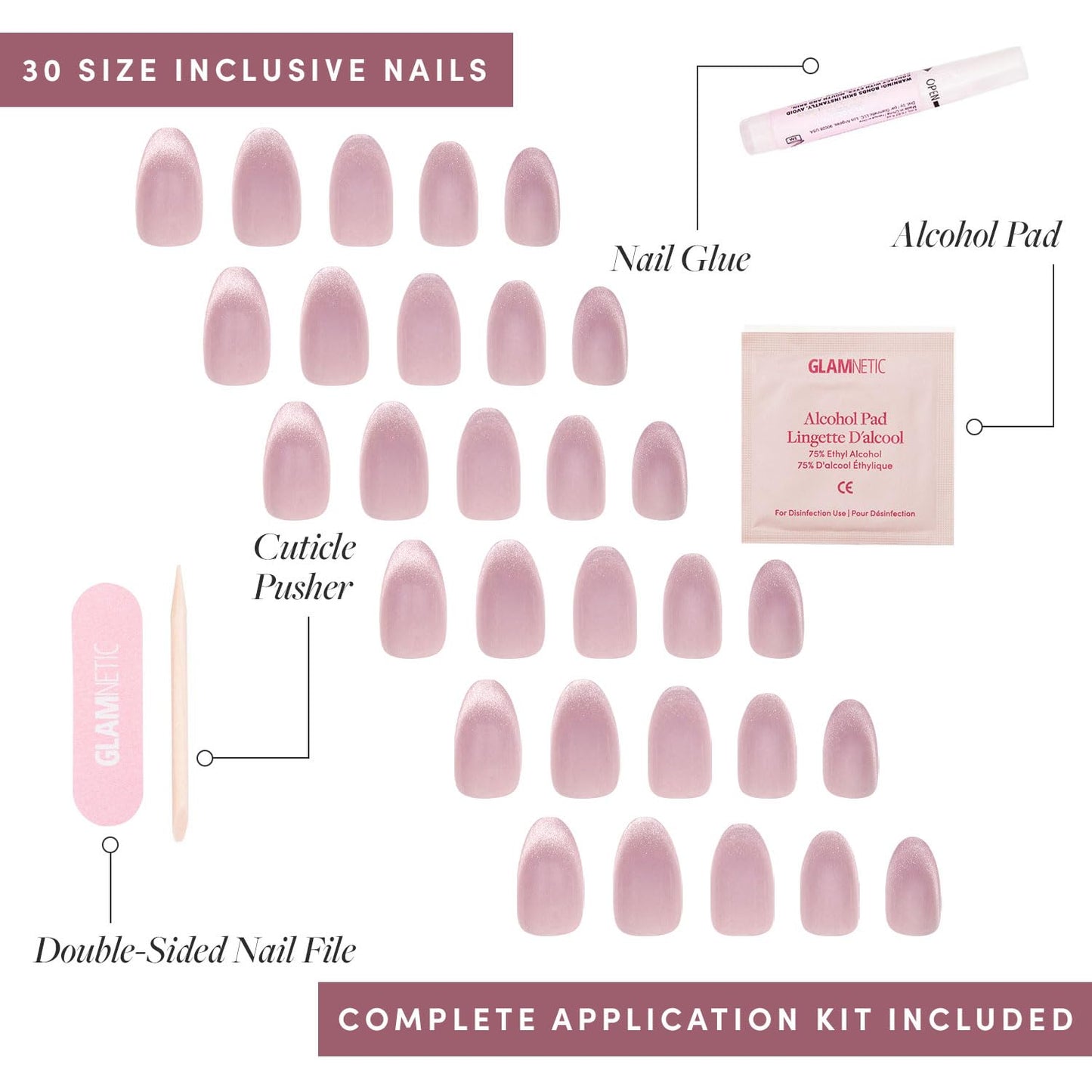 Fairy Dust Glamnetic Press On Nails & Brush On Glue Bundle - Short Oval Beige-Pink Velvet Metallic Finish - 30 Nails in 15 Sizes