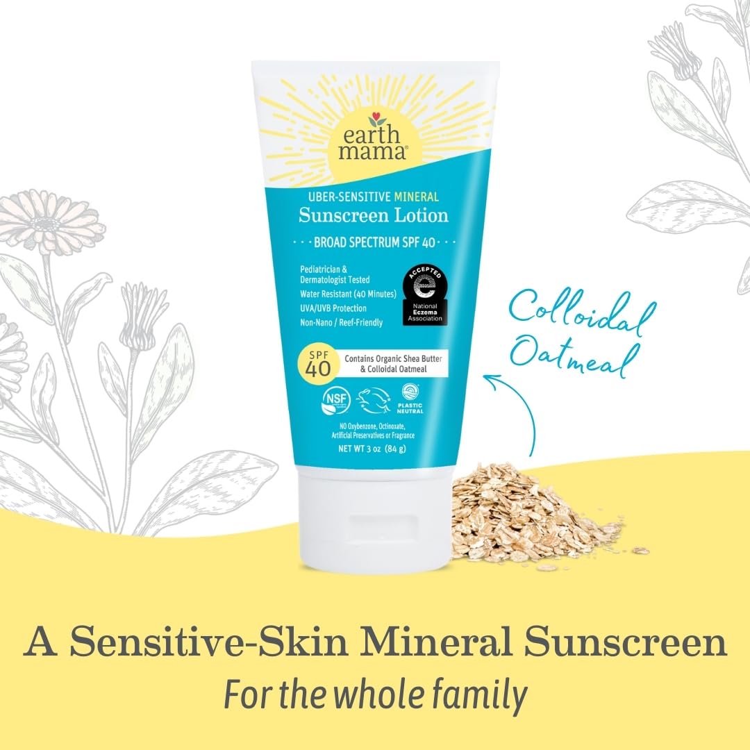 Earth Mama Uber-Sensitive Mineral Sunscreen Lotion SPF 40 | Non-Nano Zinc, Contains Organic Colloidal Oatmeal | Steroid-Free Eczema Cream for Baby, Kid & Family, 3-Ounce, 2-Pack