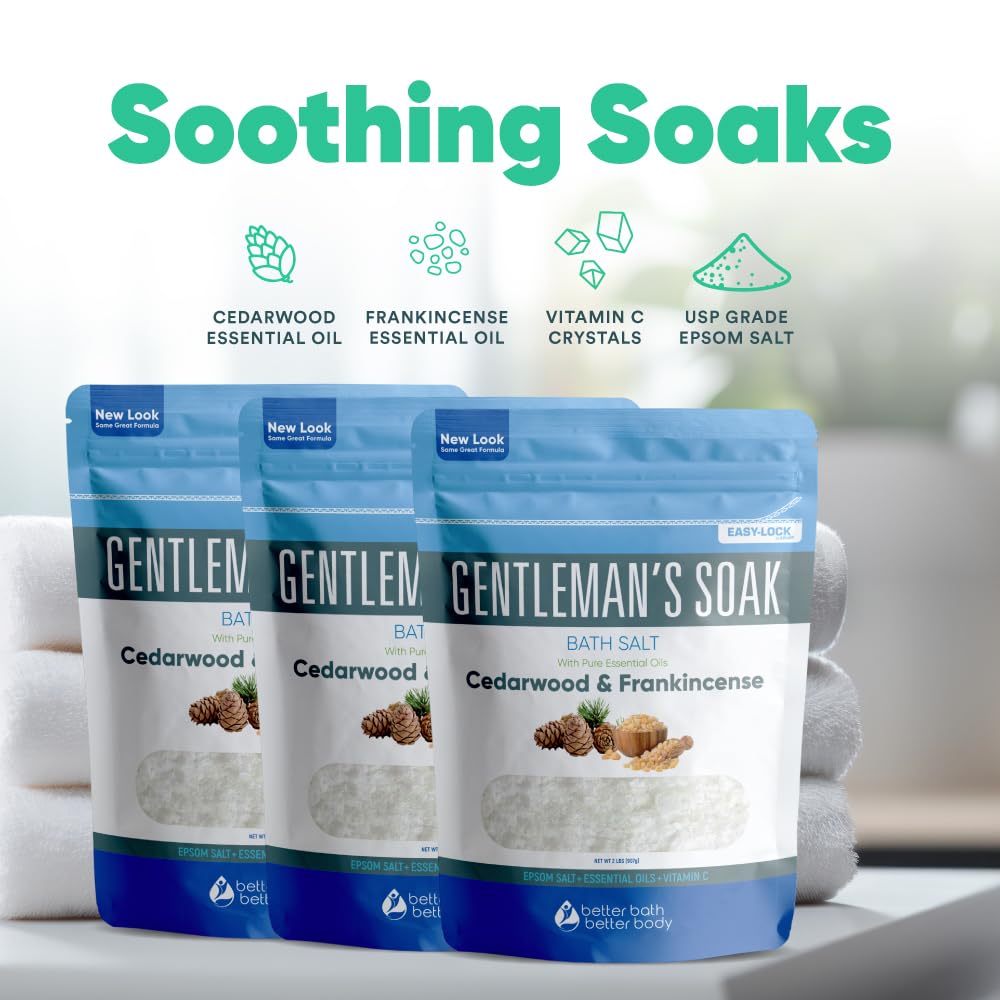 Gentleman's Bath Salt (3-Pack Plus Scoop) Bath for Men with Pure Essential Oils in BPA Free Pouch with Press-Lock Seal Made in USA 3-Pack of 2-lbs, 6-lbs Total
