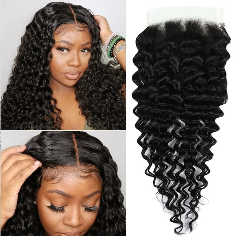 QTHAIR 5x5 Deep Wave HD Lace Closure 16" Invisible Knots 5x5 Swiss Lace Closure Deep Wave Human Hair Pre-Plucked with Baby Hair Curly Closure for Deep Wave Bundles Human Hair