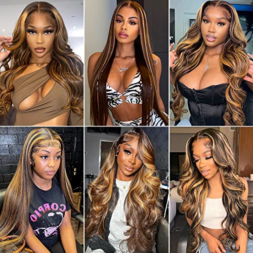 Highlight Ombre Lace Front Wigs Human Hair 13x6 Body Wave Frontal Wigs Pre Plucked With Baby Hair 180% Density 4/27 Colored Honey Blonde Wig Human Hair for Women 24 Inch