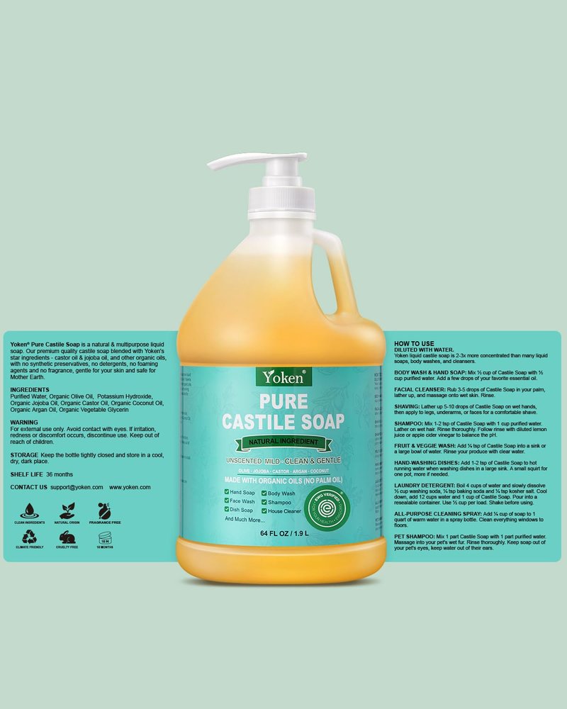 Yoken Organic Castile Soap Liquid - EWG Verified Unscented 64 oz | Gentle, Natural Clean for Body, Face, Dishes & Laundry
