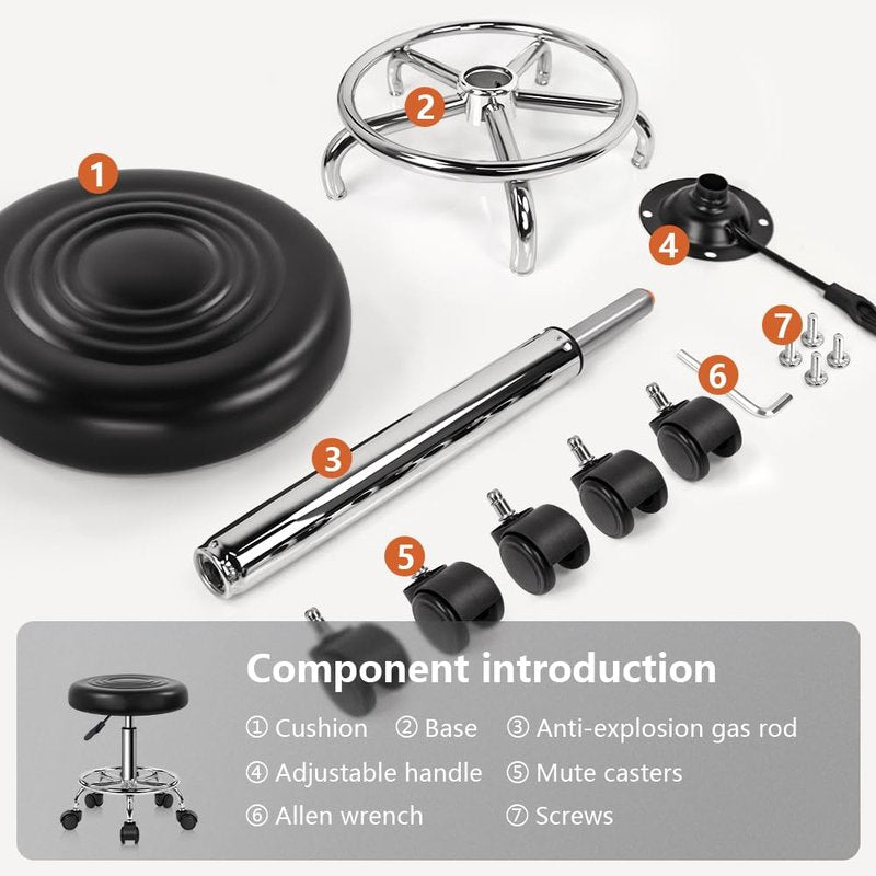 KKTONER PU Leather Modern Round Rolling Stool with Footrest Height Adjustable Spa Drafting Salon Tattoo Work Massage Stools Task Chair Small (Black)