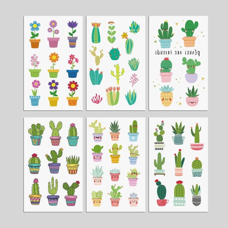 Oottati 6 sheets Waterproof Temporary Tattoo Stickers for Kids Children Cute Finger Wrist Cactus Potted Flower for Grils Boys