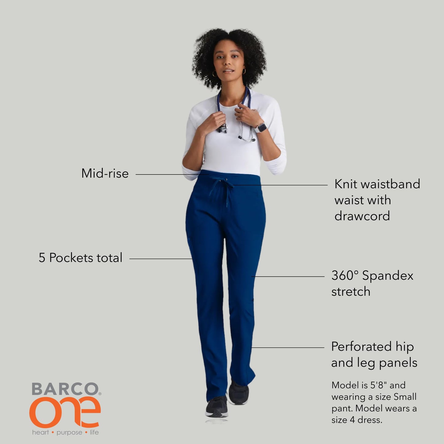 BARCO One Uplift Classic Fit Tapered Leg Scrub Pant for Women – Indigo, 5-Pocket Mid-Rise Scrub Bottoms w/ 360 Spandex Stretch – Moisture Wicking, Anti-Static & Quick Shed – Medium, Regular Fit