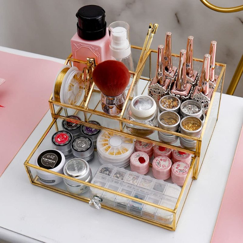 YUEHUA Glass Makeup Organizer, Clear Makeup Brush Organizer Jewelry Display Box, Gold Makeup Nail Polish Lipsticks Eyeliners Holder Organizer for Vanity Bathroom Office