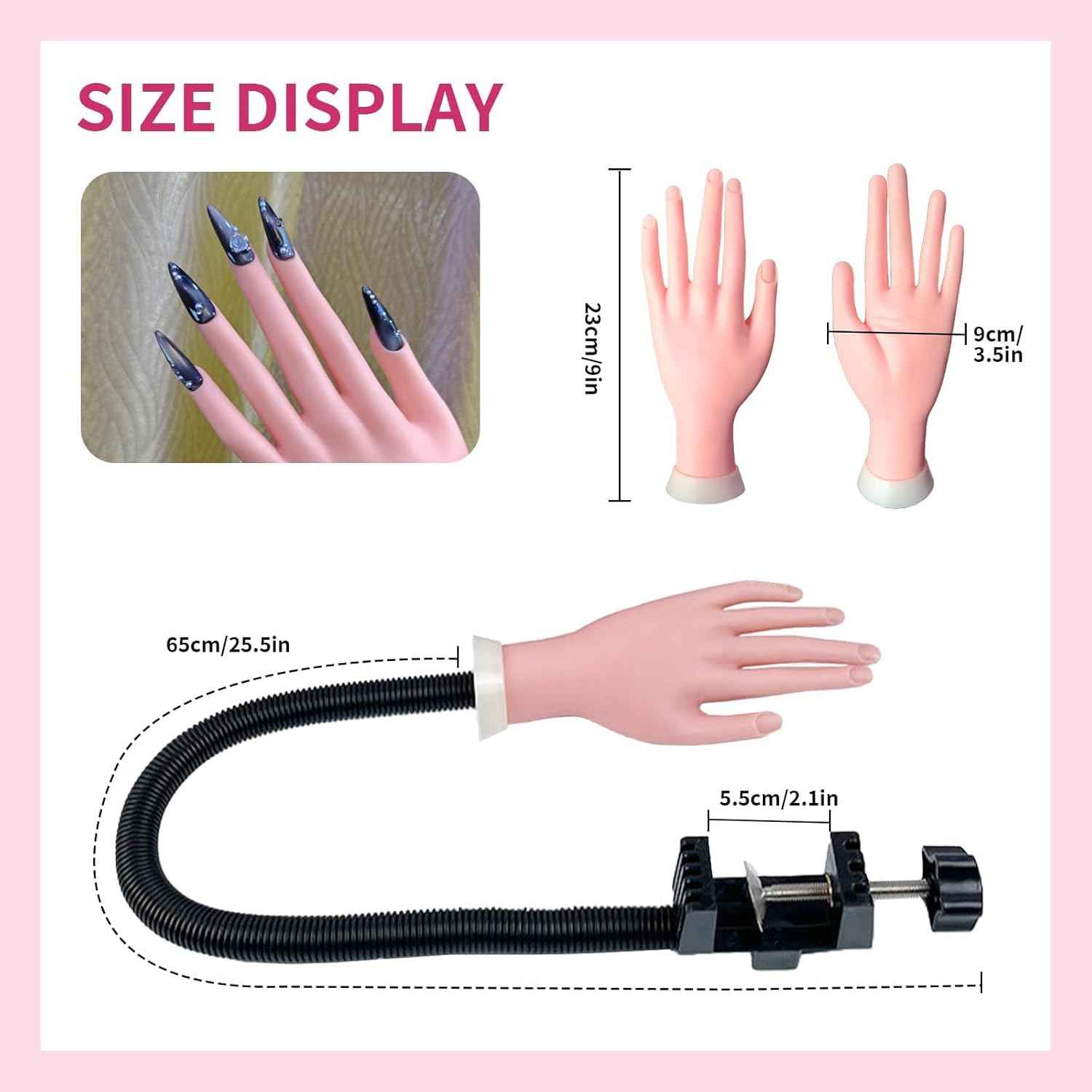 Acrylic Nail Practice Hand Kit with 100 Tips, Adhesive & Cat Eye Magnet - Bendable Manicure Trainer