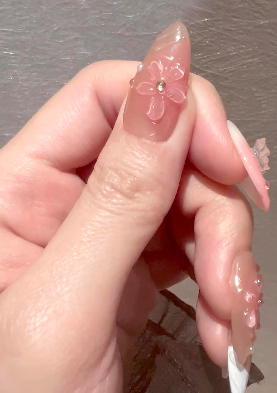 3D Sea Shell Press-On Nails - Handmade Medium Almond Beach Nail Art with Butterflies (L Size)