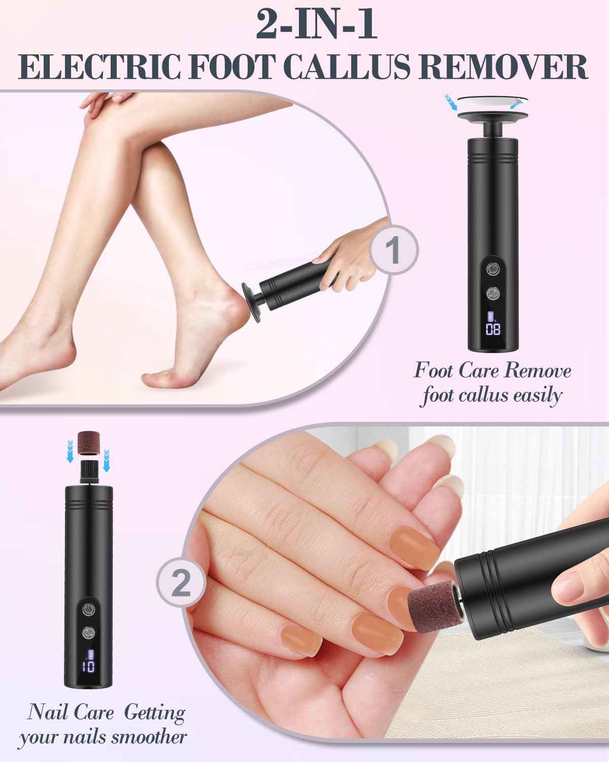 Electric Callus Remover & Foot Sander - 2-in-1, 2000mAh, 9 Speed, LED Display, Replaceable Discs - Rose