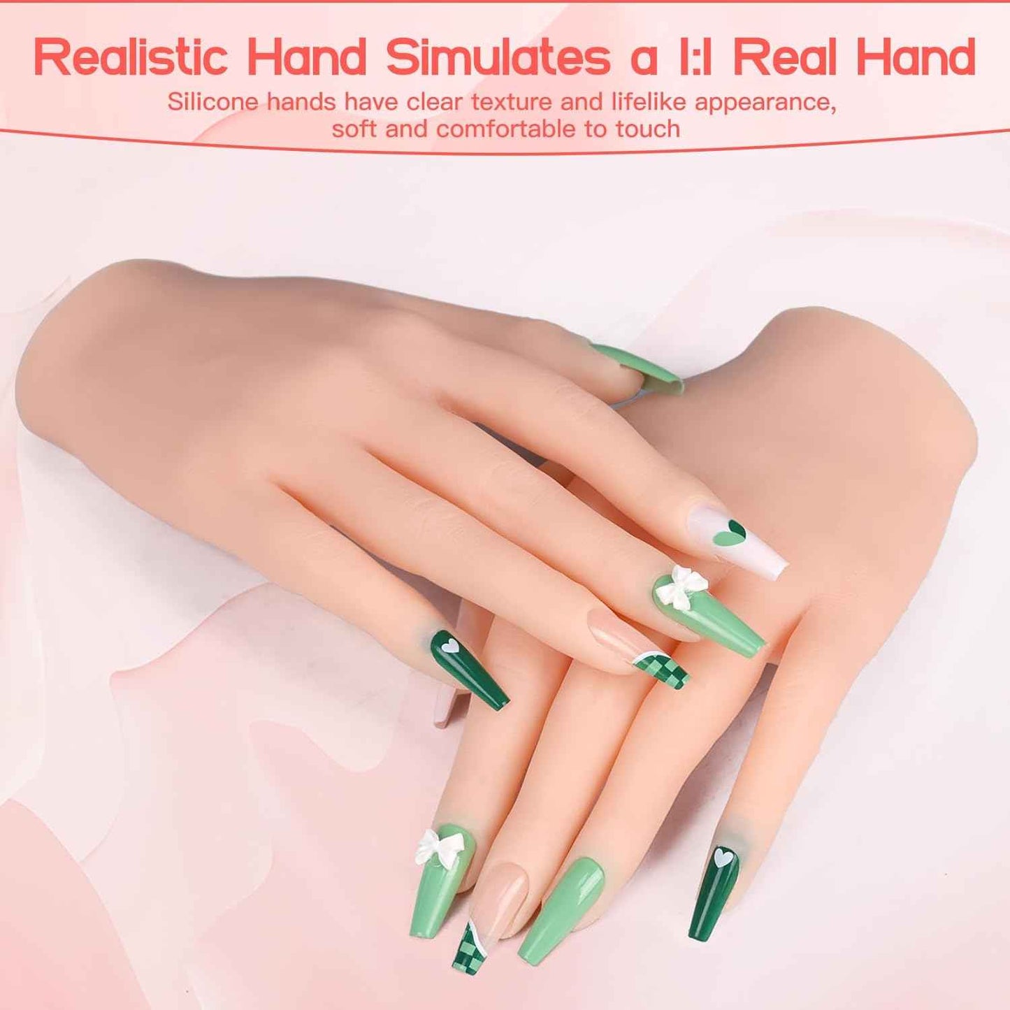 Flexible Silicone Practice Hand for Acrylic Nails with 528 Nail Tips & Stand