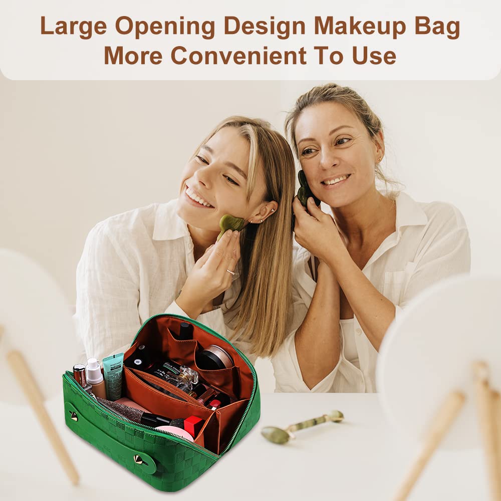 Cessfle Large Capacity Travel Cosmetic Bag Plaid Checkered Makeup Bag Portable Leather Waterproof Skincare Bag with Handle and Divider for Women 01-Green