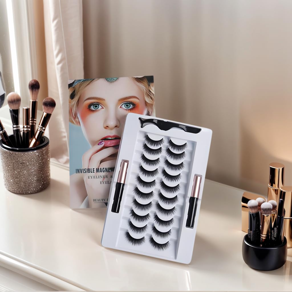 Magnetic Eyelashes Kit: 10 Pairs + 2 Liners | Glue-Free 3D Lashes | Sweat & Tear Proof | Reusable 100+ Wears | $0.06 Per Use | Beginner Friendly
