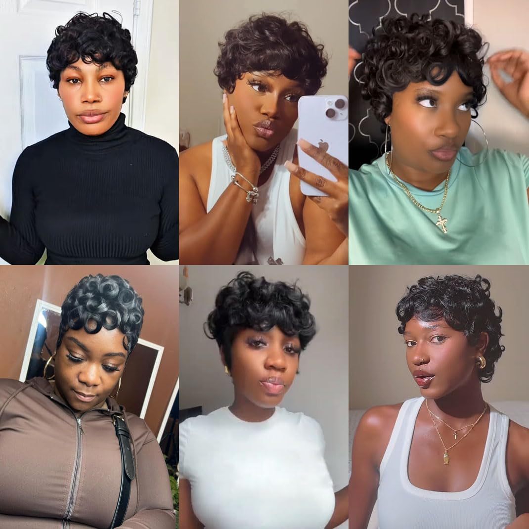 Jgzpfo Pixie Cut Wig Human Hair for Black Women Short Pixie Cut Wigs Natural Looking 100% Real Human Hair Wigs Glueless Full Machine Made Wigs for Black Women (C-025 1B)