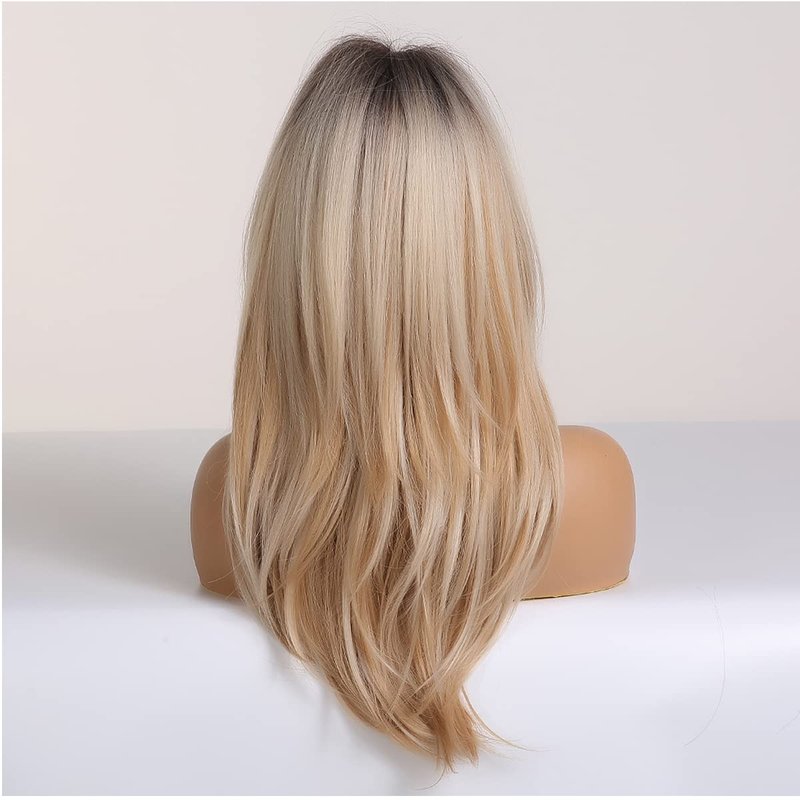 Blonde Layered Wig for Women - Dark Roots Long Blonde Wig with Bangs | Heat Resistant Synthetic Hair
