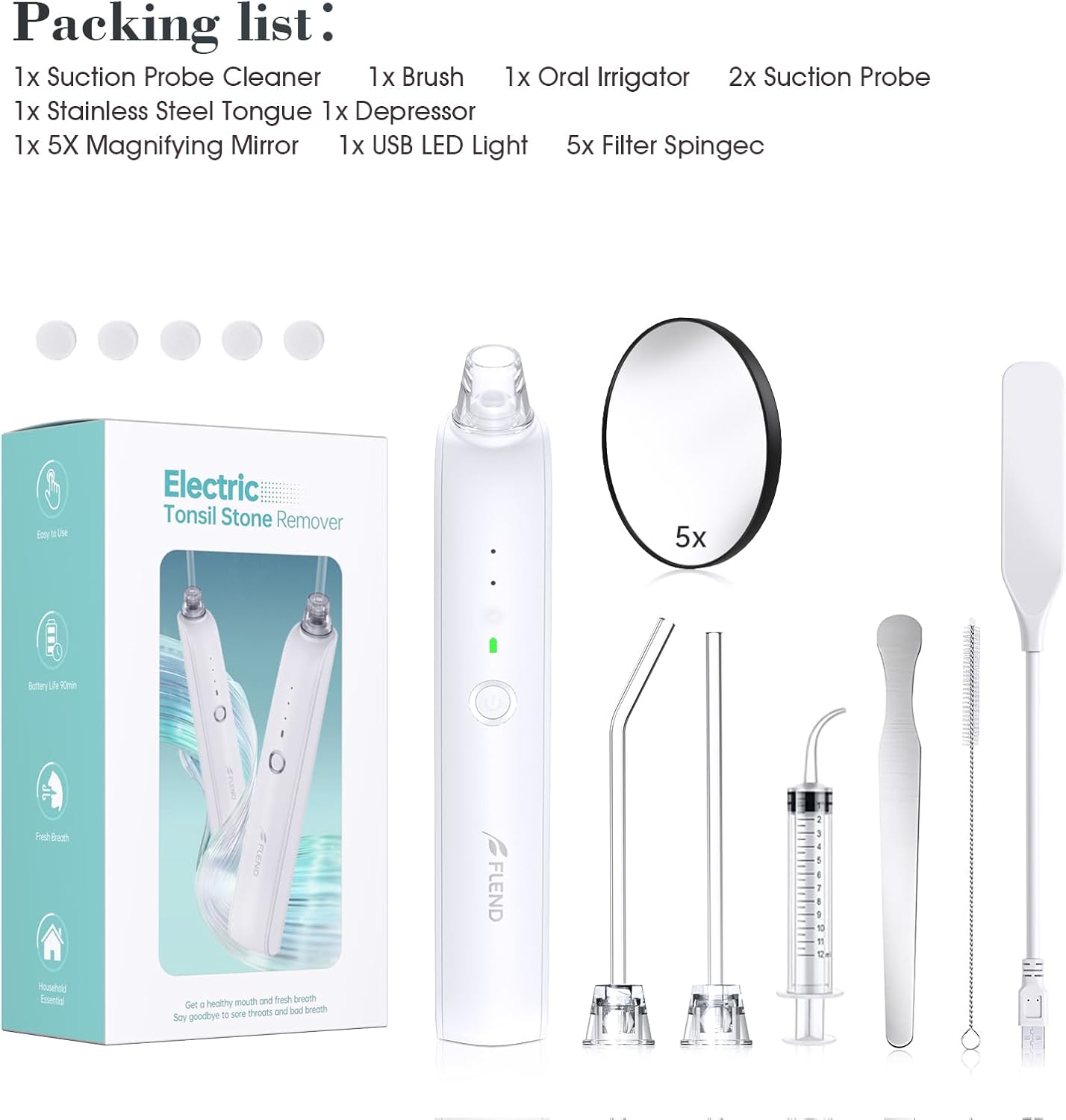 Tonsil Stone Remover Vacuum - 5X Magnifying Mirror, 3 Modes & LED Light | Oral Care Water Flosser