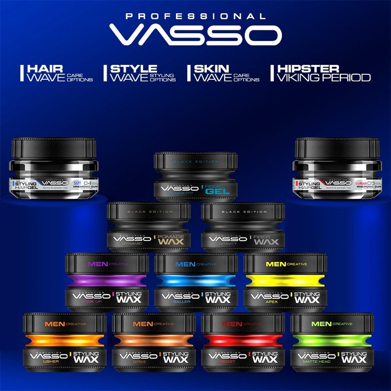 Vasso Hook Up Hair Styling Wax for Men, Super Strong Hold with Natural Shine, Water Based Hair Wax for Short & Thin Hair, Long Lasting Reworkable Styling Pomade, 5.07 fl oz (150 ml)