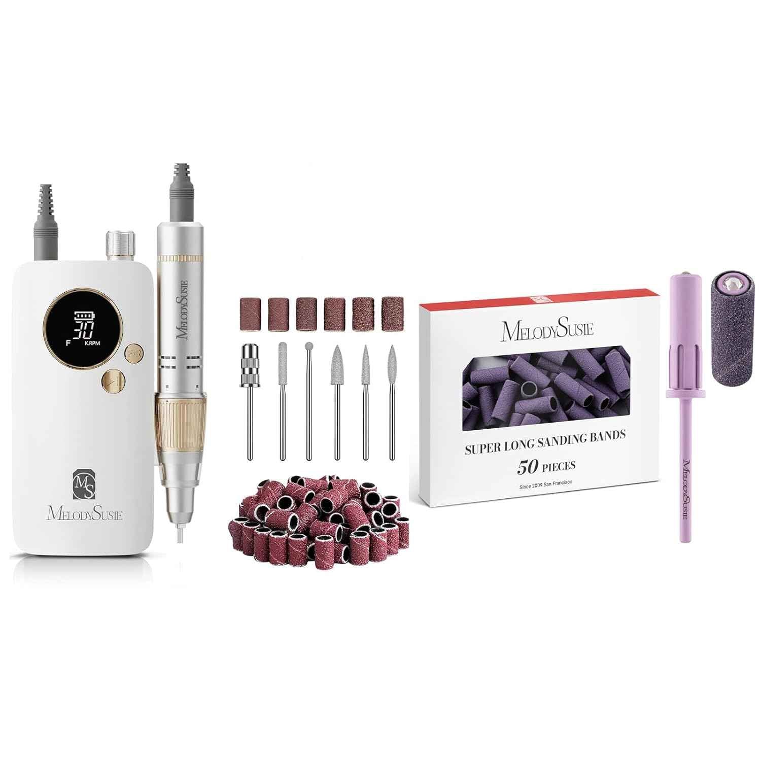 MelodySusie 30000 RPM Portable Nail Drill with 50 Nail Bits & Long Sanding Bands