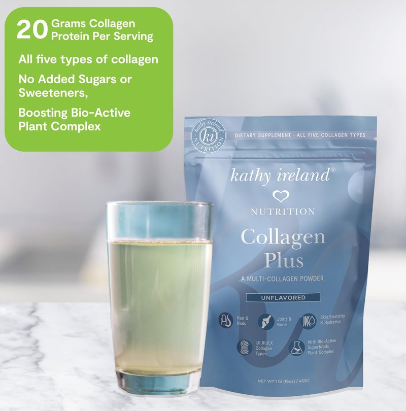 AMAXI Kathy Ireland Multi Collagen Protein Powder Peptides, Types I, II, III, V, X Unflavored, 20g Protein per Serving, Bovine, Chicken, 16 oz