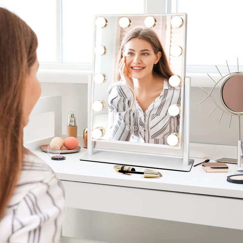 Kotdning Vanity Mirror with Lights,Lighted Vanity Mirror with 12 Dimmable Bulbs for Dressing Room & Bedroom,3 Color Lighting,Modes Detachable 10x Magnification 360°Ratation (White) 14.6" L x 17" W