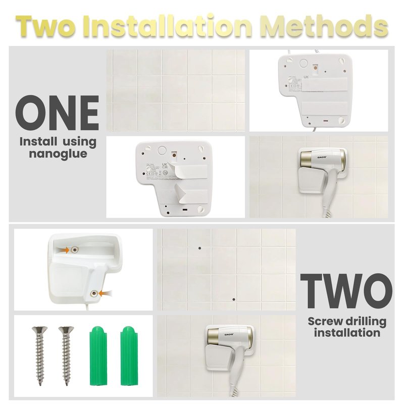 Wall Mounted Hair Dryer for Bathroom - 110V Professional Blow Dryer with Fast Drying Salon Motor, Heavy Duty Wall Mount Hairdryer with Stand Rack, Includes Screws+Adhesive