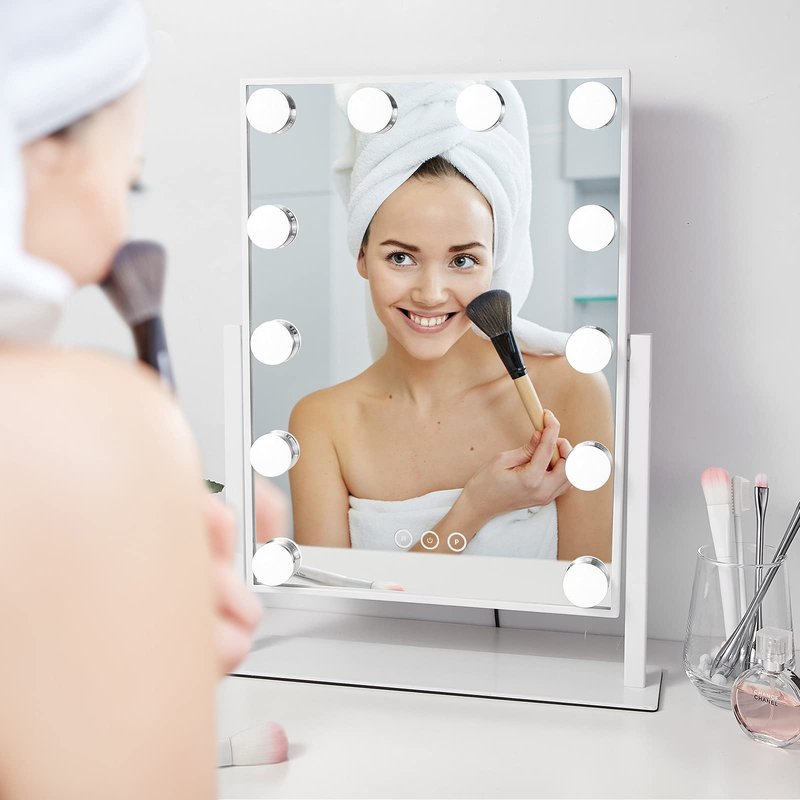 NUSVAN Vanity Makeup Mirror with Lights,3 Color Lighting Modes Detachable 10X Magnification Mirror Touch Control,360°Rotation, White (14.6Inch)