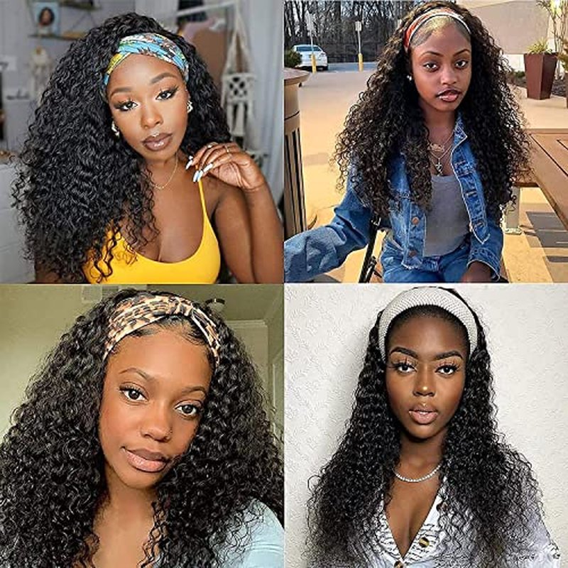 Deep Wave Headband Wig Human Hair 16 Inches Glueless None Lace Front Wigs Machine Made 150% Density Natural Color Human Hair Wigs for Women