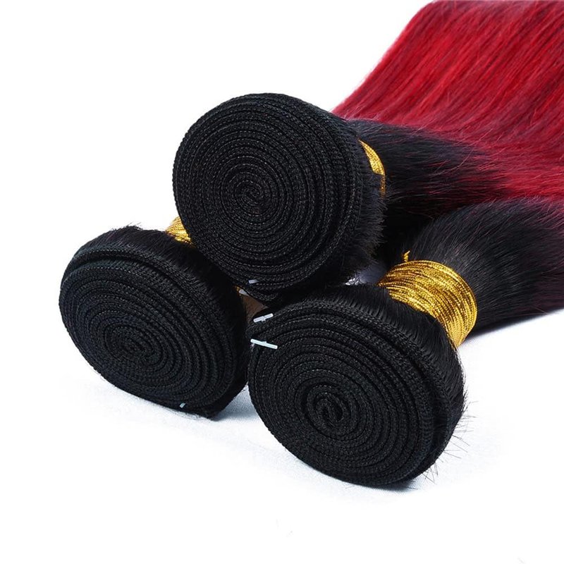 Ombre Red Human Hair Bundles 12 14 16 Inch Straight #1B Red Bundle Human Hair Extension 11A Brazilian Virgin Quick Weave Hair for Black Women