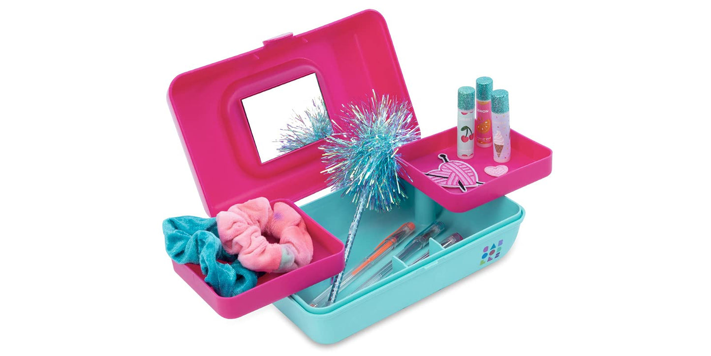 Caboodles Pretty In Petite - Social Butterfly Makeup Organizer | Compact Carrying Cosmetic Case, Hot Pink Lid & Blue Base