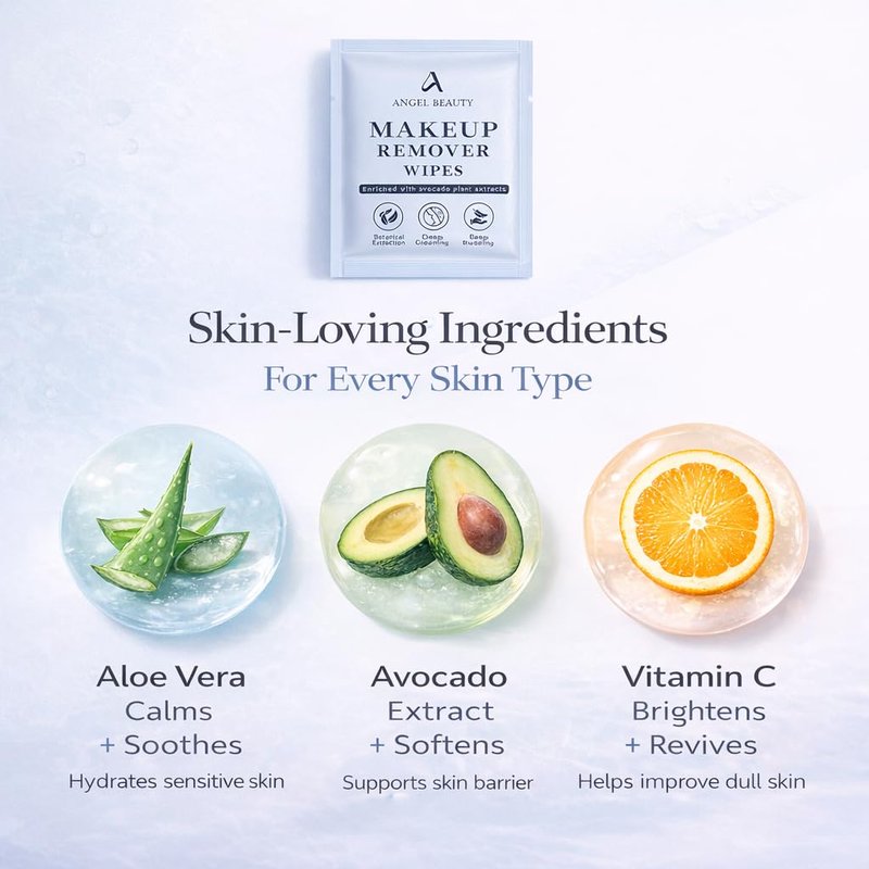 Angel Beauty Makeup Remover Wipes – 30 Individually Wrapped Micellar Face Wipes Singles – Daily Gentle Facial Cleanser with Aloe, Avocado & Vitamin C – Alcohol-Free, Paraben-Free, Travel-Friendly