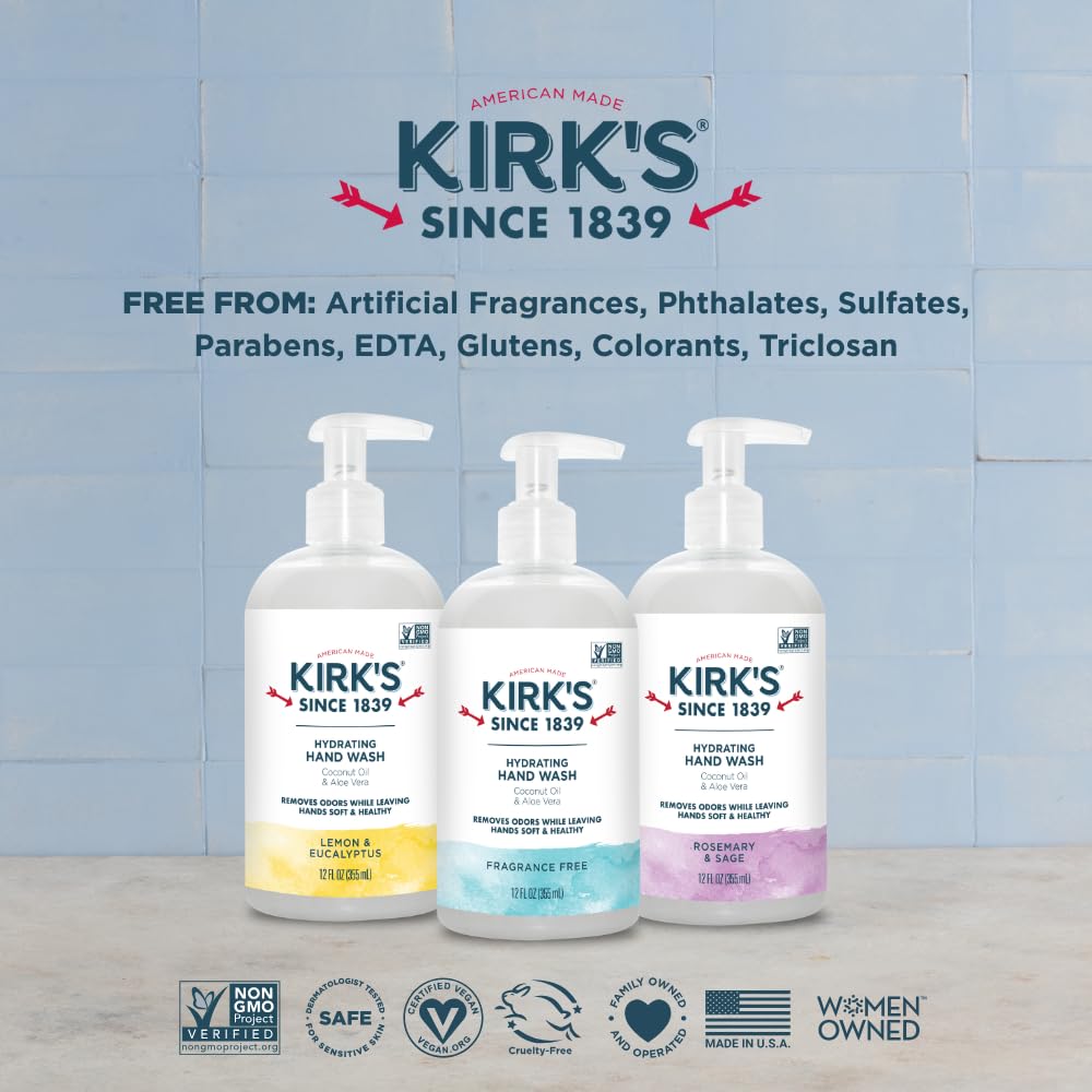 Kirk's Hydrating Hand Wash - Coconut Oil & Aloe Vera Formula | Odor Neutralizing, Vegan, 12 Fl Oz (4 Pack)