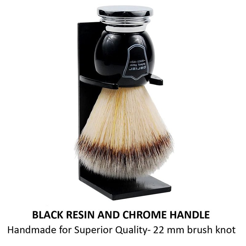 Parker Deluxe Synthetic Silvertip Shaving Brush – 22 mm Ultra‑Soft Knot, Chrome & Black Handle + Acrylic Stand for Proper Drying