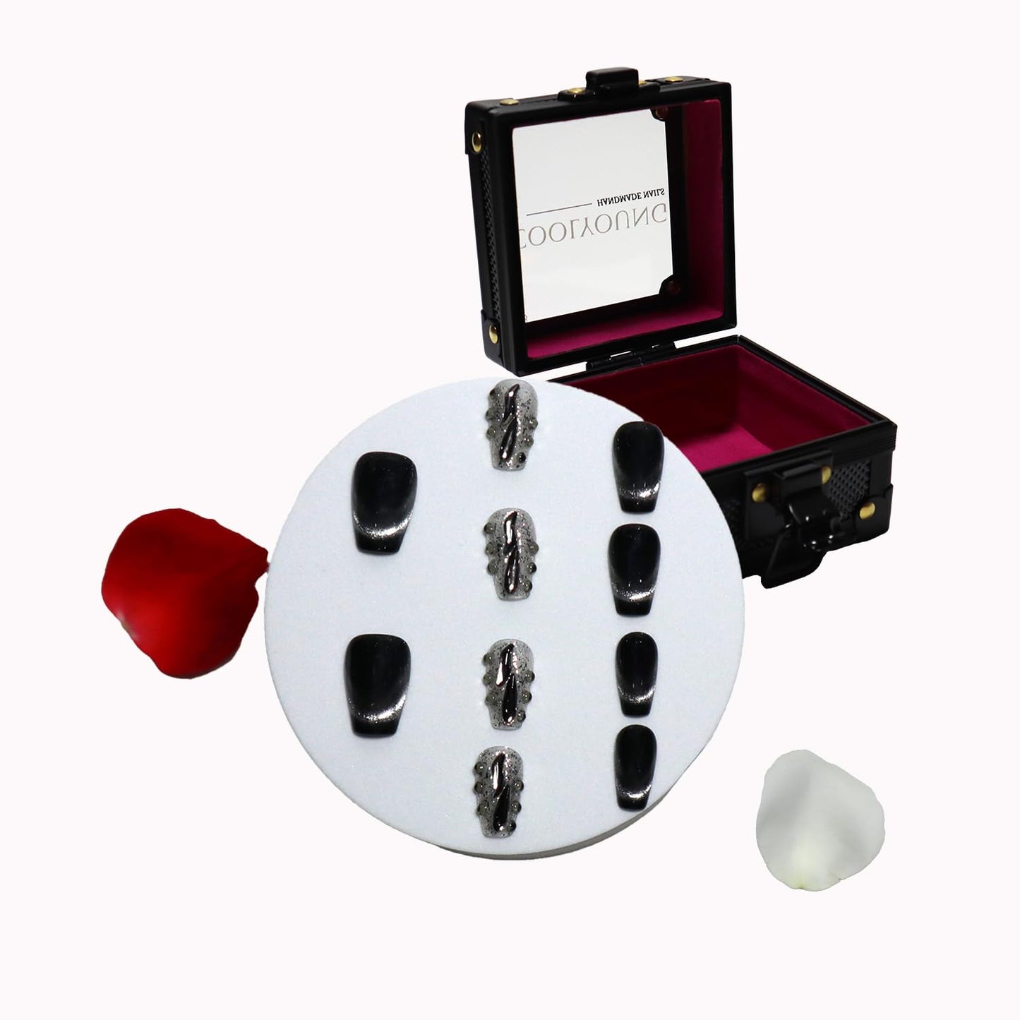 French Tip Cat Eye Press On Nails - 'Lonely Warrior' Black Square Nail Tips Set with Gift Box & Storage Bag