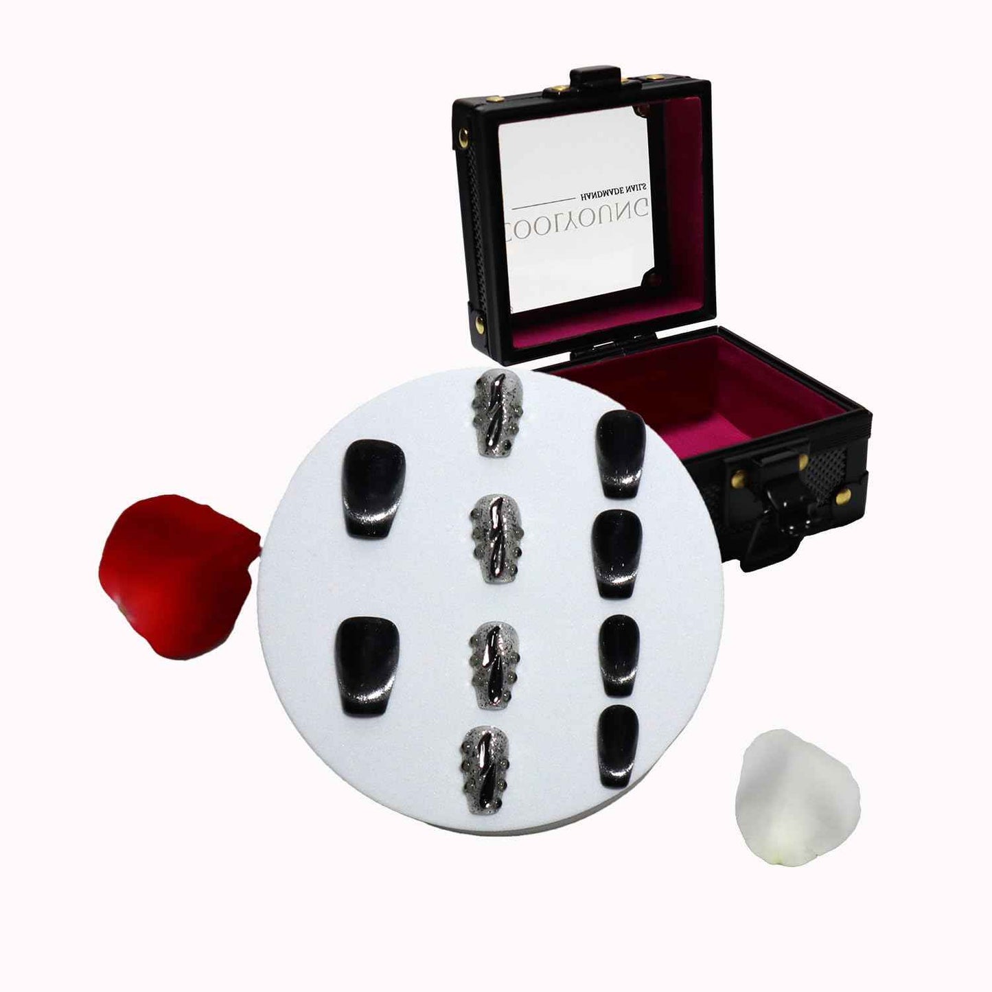 French Tip Cat Eye Press On Nails - 'Lonely Warrior' Black Square Nail Tips Set with Gift Box & Storage Bag